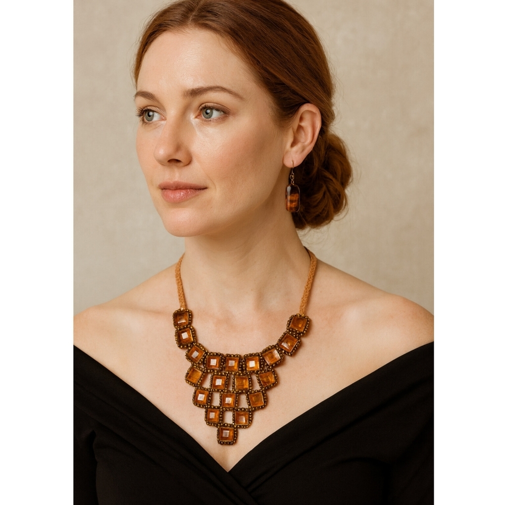 Rose Tone Glass Necklace & Tiger Eye Earrings Set – Braided Cord